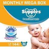 Supples Premium Diapers, Medium (M), 144 Count, 7-12 Kg, 12 hrs Absorption Baby Diaper Pants